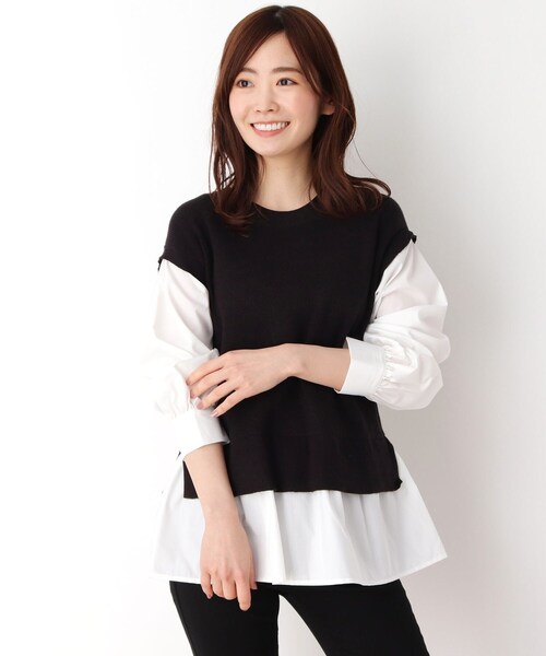 pink adobe（ピンクアドベ）の「◆【M-LL】レイヤード見え レースアップニット（ニット/セーター・レディース・グレー/ブラック/ライトブルー/ライトベージュ・38/40/42）」の2枚目の写真