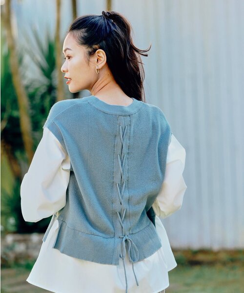 pink adobe（ピンクアドベ）の「◆【M-LL】レイヤード見え レースアップニット（ニット/セーター・レディース・グレー/ブラック/ライトブルー/ライトベージュ・38/40/42）」の7枚目の写真