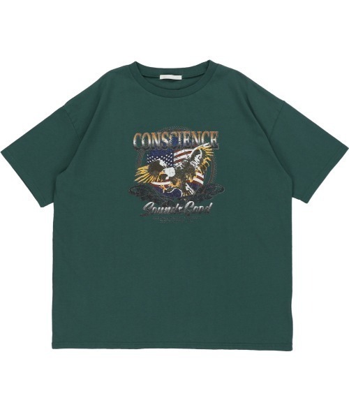 SPINNS（スピンズ）の「【ゆったりデザイン】USED風イーグルデザイン半袖ビッグTシャツ（Tシャツ/カットソー・レディース・グリーン/チャコール・ONESIZE）」の5枚目の写真