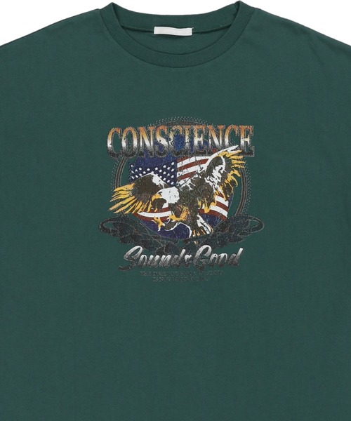 SPINNS（スピンズ）の「【ゆったりデザイン】USED風イーグルデザイン半袖ビッグTシャツ（Tシャツ/カットソー・レディース・グリーン/チャコール・ONESIZE）」の7枚目の写真