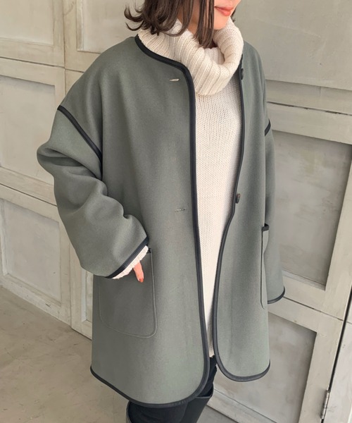 moment+（モーメントプラス）の「【累計販売枚数3万枚突破！】ニットメルトンノーカラーパイピングコート（ノーカラーコート・レディース・チャコールグレー/ブラック/グレー系その他/ブラウン系その他/グリーン/アイボリー/オレンジ/ブラウン/ベージュ/カーキ/モカ・S/M/L）」の10枚目の写真