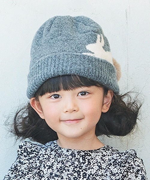 Love&Peace&Money（ラブアンドピースアンドマネー）の「ウサギ帽子（ニットキャップ/ビーニー・キッズ・グレー/ベージュ・L(52-56cm)/M(48-52cm)）」の2枚目の写真