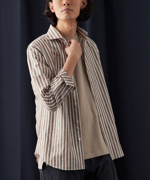 EDIFICE（エディフィス）の「コットン/リネン ストライプ カッタウェイシャツ（シャツ/ブラウス・メンズ・ブルー系その他/ブラウン・SMALL/LARGE/X-LARGE/MEDIUM）」の2枚目の写真