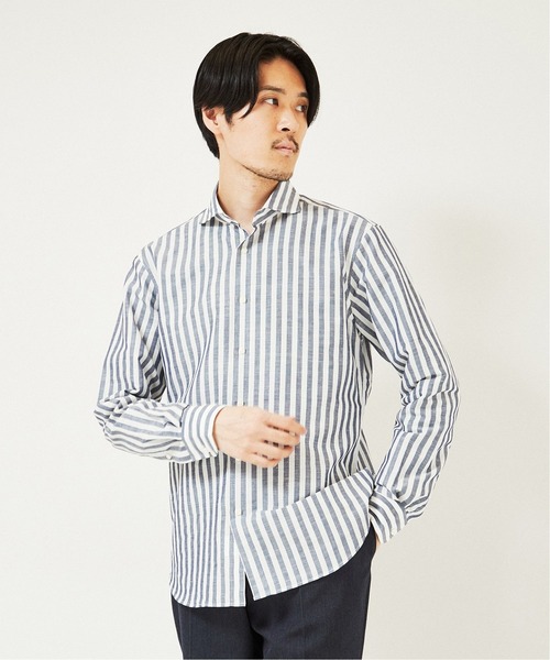 EDIFICE（エディフィス）の「コットン/リネン ストライプ カッタウェイシャツ（シャツ/ブラウス・メンズ・ブルー系その他/ブラウン・SMALL/LARGE/X-LARGE/MEDIUM）」の4枚目の写真