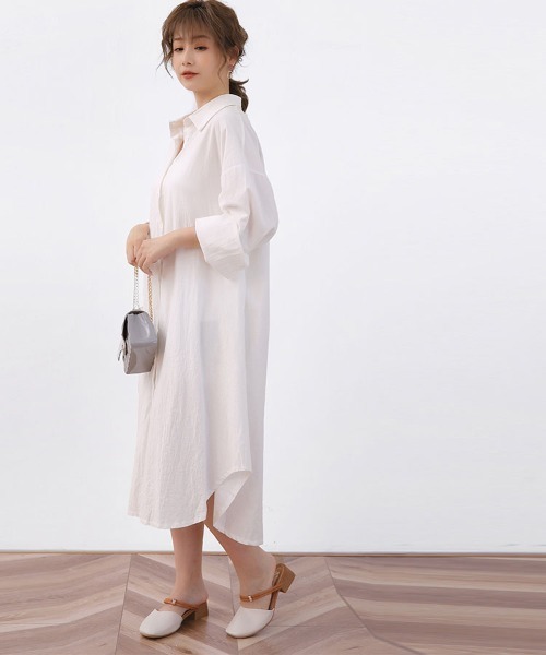 Doux Belle(ドゥーベル)の「ロングシャツワンピース(シャツワンピース・レディース・ホワイト/カーキ/ブラック/オレンジ/ベージュ/ブラウン/ピンク/ブルー/ライトグリーン・FREE)」の16枚目の写真