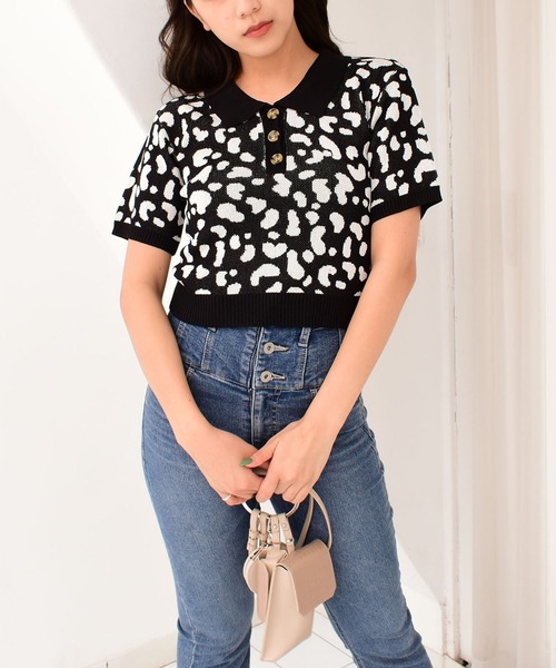 SPIRALGIRL（スパイラルガール）の「レオパード柄ジャガードポロニット（Tシャツ/カットソー・レディース・ブラック/ベージュ/ピンク・FREE）」の9枚目の写真
