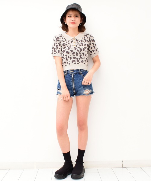 SPIRALGIRL（スパイラルガール）の「レオパード柄ジャガードポロニット（Tシャツ/カットソー・レディース・ブラック/ベージュ/ピンク・FREE）」の11枚目の写真