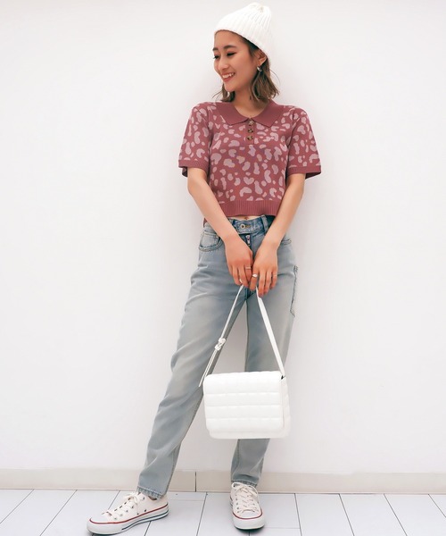 SPIRALGIRL（スパイラルガール）の「レオパード柄ジャガードポロニット（Tシャツ/カットソー・レディース・ブラック/ベージュ/ピンク・FREE）」の13枚目の写真