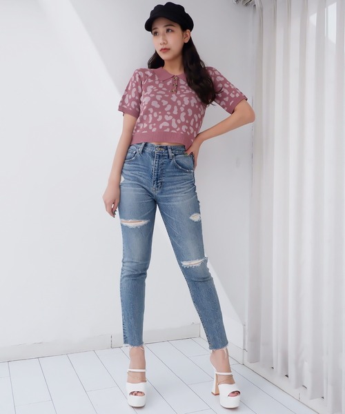 SPIRALGIRL（スパイラルガール）の「レオパード柄ジャガードポロニット（Tシャツ/カットソー・レディース・ブラック/ベージュ/ピンク・FREE）」の14枚目の写真