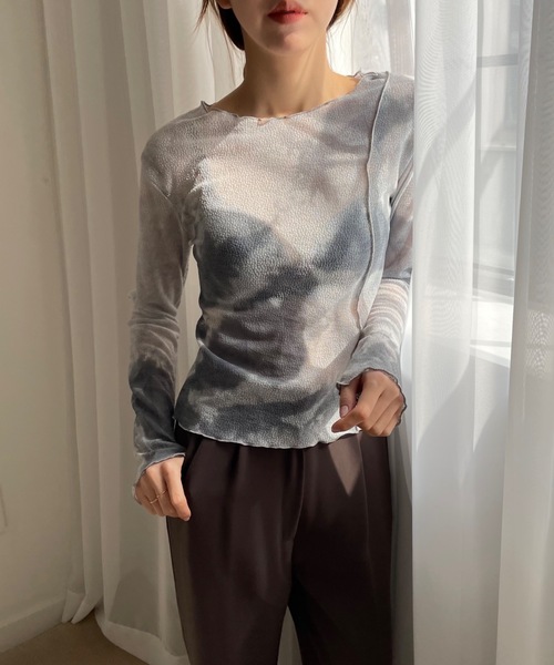 Didot.showroom（ディドット ショールーム）の「ボートネックメロウパイピングタイダイロングT（Tシャツ/カットソー・レディース・チャコールグレー/ベージュ・FREE）」の2枚目の写真