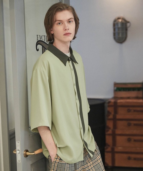 WONDER WONDER（ワンダーワンダー）の「バイカラーライン トロミシャツ（シャツ/ブラウス・メンズ・ベージュ/ネイビー/グリーン系その他・S/M/L）」の19枚目の写真