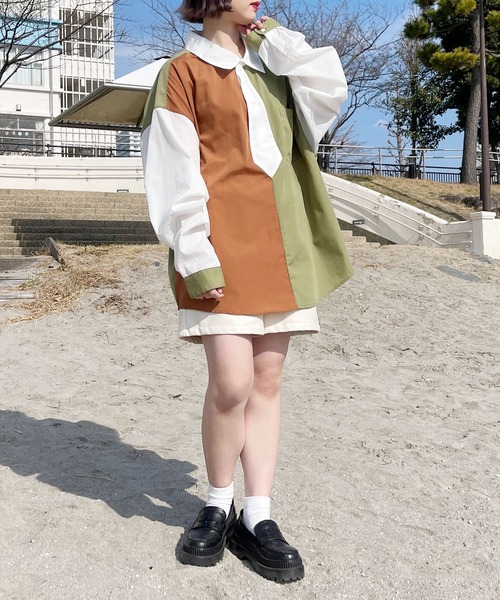 ネクタイブラウス Vネックメタルパーツブラウス／7分袖／ウォッシャブル