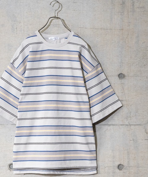 JOHN'S CLOSET(ジョンズクローゼット)の「【13】ヘビーウェイトマルチボーダー半袖Tシャツ(Tシャツ/カットソー・メンズ・オフホワイト/ブラック/グリーン/マスタード/グレー・MEDIUM/LARGE)」の3枚目の写真