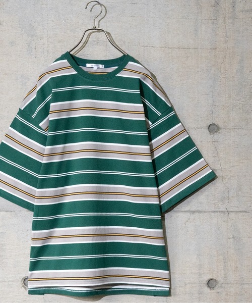 JOHN'S CLOSET(ジョンズクローゼット)の「【13】ヘビーウェイトマルチボーダー半袖Tシャツ(Tシャツ/カットソー・メンズ・オフホワイト/ブラック/グリーン/マスタード/グレー・MEDIUM/LARGE)」の4枚目の写真