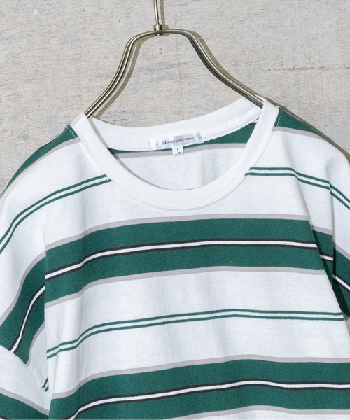 JOHN'S CLOSET(ジョンズクローゼット)の「【13】ヘビーウェイトマルチボーダー半袖Tシャツ(Tシャツ/カットソー・メンズ・オフホワイト/ブラック/グリーン/マスタード/グレー・MEDIUM/LARGE)」の6枚目の写真