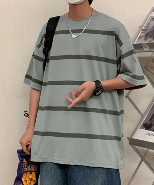 NO NEED(ノーニード)の「ワイドボーダーBIGシルエットTシャツ オーバーサイズ/マルチボーダー/(Tシャツ/カットソー・メンズ・ホワイト/グレー/ブルー・フリ-)」の1枚目の写真