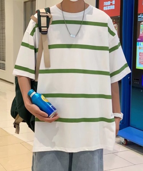 NO NEED(ノーニード)の「ワイドボーダーBIGシルエットTシャツ オーバーサイズ/マルチボーダー/(Tシャツ/カットソー・メンズ・ホワイト/グレー/ブルー・フリ-)」の2枚目の写真