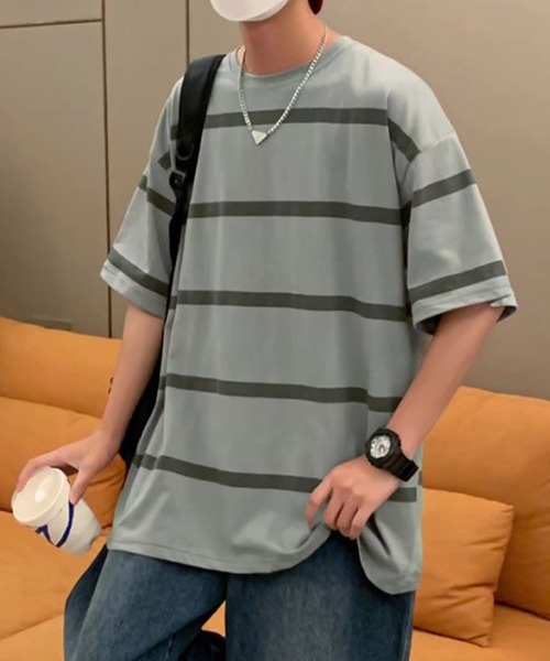 NO NEED(ノーニード)の「ワイドボーダーBIGシルエットTシャツ オーバーサイズ/マルチボーダー/(Tシャツ/カットソー・メンズ・ホワイト/グレー/ブルー・フリ-)」の10枚目の写真