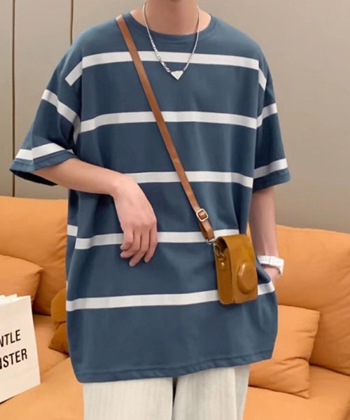 NO NEED(ノーニード)の「ワイドボーダーBIGシルエットTシャツ オーバーサイズ/マルチボーダー/(Tシャツ/カットソー・メンズ・ホワイト/グレー/ブルー・フリ-)」の19枚目の写真