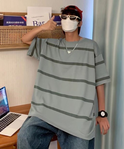 NO NEED(ノーニード)の「ワイドボーダーBIGシルエットTシャツ オーバーサイズ/マルチボーダー/(Tシャツ/カットソー・メンズ・ホワイト/グレー/ブルー・フリ-)」の16枚目の写真