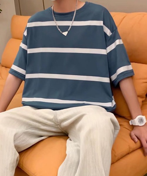 NO NEED(ノーニード)の「ワイドボーダーBIGシルエットTシャツ オーバーサイズ/マルチボーダー/(Tシャツ/カットソー・メンズ・ホワイト/グレー/ブルー・フリ-)」の22枚目の写真
