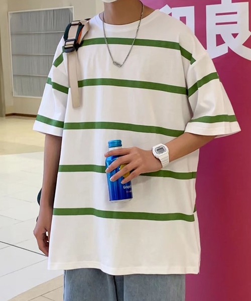 NO NEED(ノーニード)の「ワイドボーダーBIGシルエットTシャツ オーバーサイズ/マルチボーダー/(Tシャツ/カットソー・メンズ・ホワイト/グレー/ブルー・フリ-)」の5枚目の写真