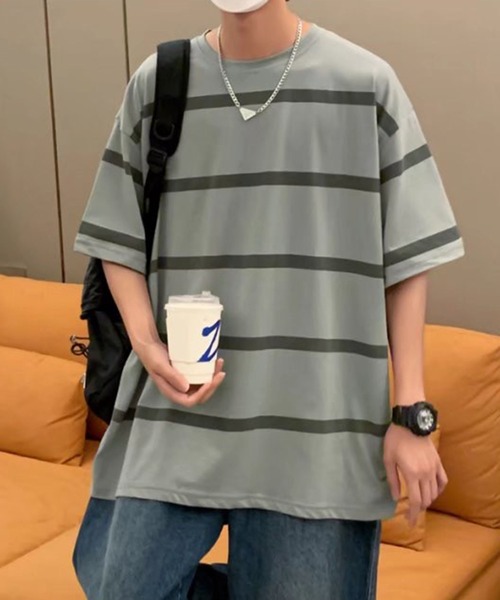 NO NEED(ノーニード)の「ワイドボーダーBIGシルエットTシャツ オーバーサイズ/マルチボーダー/(Tシャツ/カットソー・メンズ・ホワイト/グレー/ブルー・フリ-)」の12枚目の写真
