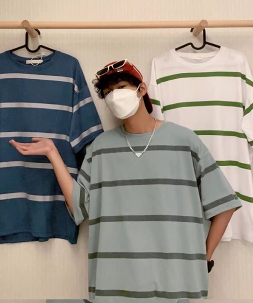 NO NEED(ノーニード)の「ワイドボーダーBIGシルエットTシャツ オーバーサイズ/マルチボーダー/(Tシャツ/カットソー・メンズ・ホワイト/グレー/ブルー・フリ-)」の15枚目の写真