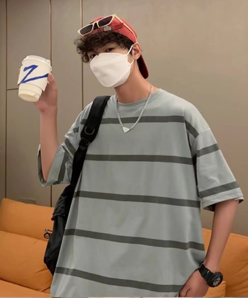 NO NEED(ノーニード)の「ワイドボーダーBIGシルエットTシャツ オーバーサイズ/マルチボーダー/(Tシャツ/カットソー・メンズ・ホワイト/グレー/ブルー・フリ-)」の17枚目の写真