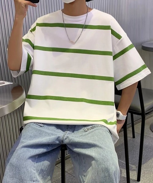 NO NEED(ノーニード)の「ワイドボーダーBIGシルエットTシャツ オーバーサイズ/マルチボーダー/(Tシャツ/カットソー・メンズ・ホワイト/グレー/ブルー・フリ-)」の6枚目の写真