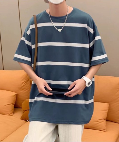 NO NEED(ノーニード)の「ワイドボーダーBIGシルエットTシャツ オーバーサイズ/マルチボーダー/(Tシャツ/カットソー・メンズ・ホワイト/グレー/ブルー・フリ-)」の20枚目の写真