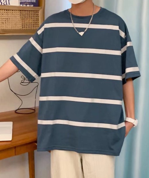 NO NEED(ノーニード)の「ワイドボーダーBIGシルエットTシャツ オーバーサイズ/マルチボーダー/(Tシャツ/カットソー・メンズ・ホワイト/グレー/ブルー・フリ-)」の21枚目の写真