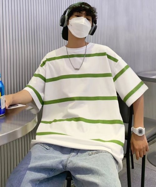 NO NEED(ノーニード)の「ワイドボーダーBIGシルエットTシャツ オーバーサイズ/マルチボーダー/(Tシャツ/カットソー・メンズ・ホワイト/グレー/ブルー・フリ-)」の9枚目の写真