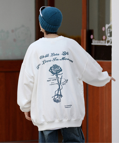 neos（ネオス）の「【neos -addictive design-】ビッグシルエット バックプリント 薔薇 イラスト プルオーバー スウェット トレーナー（スウェット・メンズ・ブラック/ホワイト・MEDIUM/LARGE/X-LARGE）」の8枚目の写真