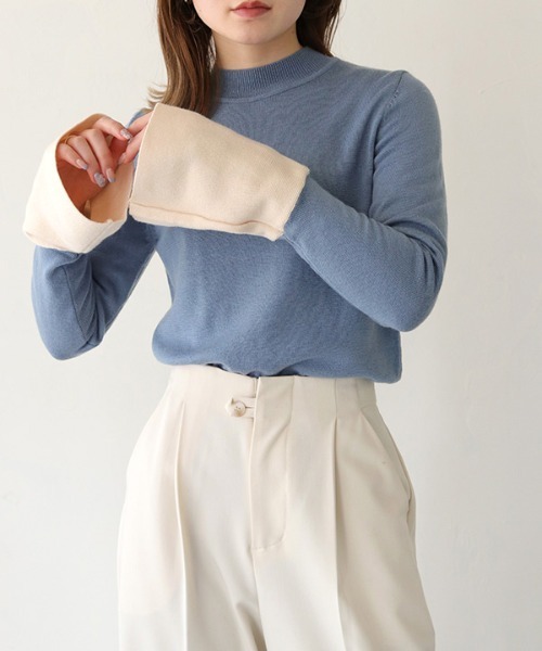 HER CLOSET（ハークローゼット）の「 【HER CLOSET】WEB限定配色ベルスリーブニット WEB LIMITED COLOR BLOCK BELL SLEEVE KNIT（ニット/セーター・レディース・アイボリー/グレー/ブルー・M）」の3枚目の写真