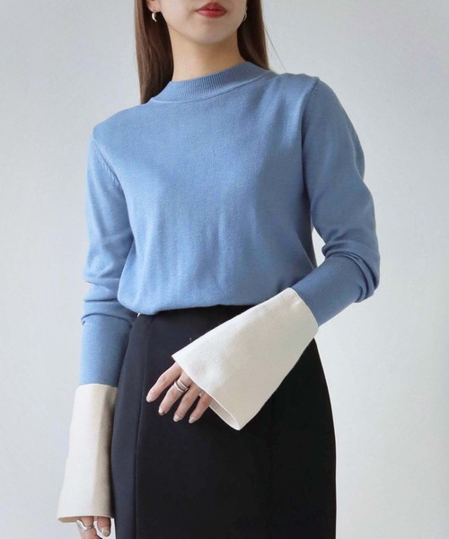 HER CLOSET（ハークローゼット）の「 【HER CLOSET】WEB限定配色ベルスリーブニット WEB LIMITED COLOR BLOCK BELL SLEEVE KNIT（ニット/セーター・レディース・アイボリー/グレー/ブルー・M）」の14枚目の写真