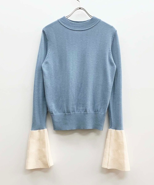 HER CLOSET（ハークローゼット）の「 【HER CLOSET】WEB限定配色ベルスリーブニット WEB LIMITED COLOR BLOCK BELL SLEEVE KNIT（ニット/セーター・レディース・アイボリー/グレー/ブルー・M）」の4枚目の写真