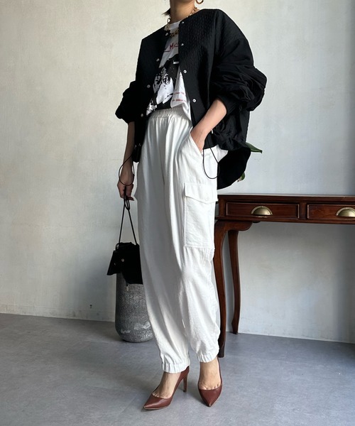 DouDou(ドゥドゥ)の「【WEB限定】ダイヤキルトジャガードドロストブルゾン(ライダースジャケット・レディース・ブラック/グリーン/アイボリー・FREE)」の14枚目の写真