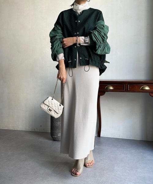 DouDou(ドゥドゥ)の「【WEB限定】ダイヤキルトジャガードドロストブルゾン(ライダースジャケット・レディース・ブラック/グリーン/アイボリー・FREE)」の6枚目の写真