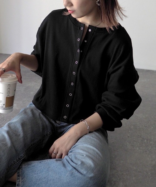 Riberry（リベリー）の「【セットアップ可】テレコリブ リングスナップボタンカーディガン（カーディガン/ボレロ・レディース・アイボリー/ブラック/ブルー/オートミール・FREE）」の3枚目の写真