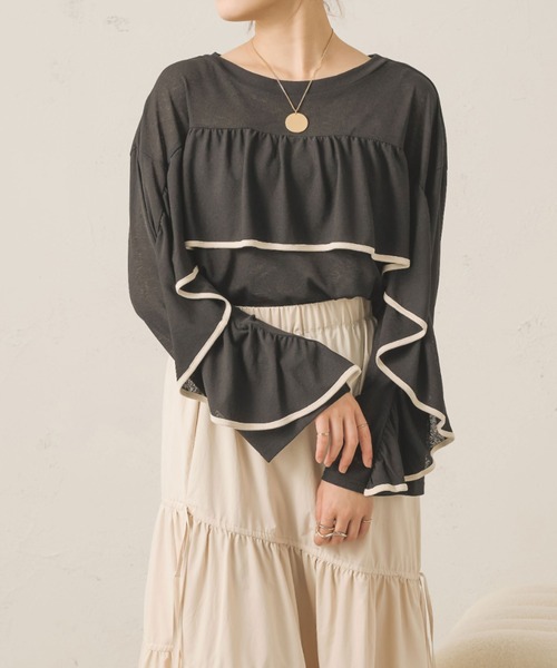 Ambre Neige（アンブルネージュ）の「【前後２WAY】シアーフリルトップス／WEB/EC限定商品（シャツ/ブラウス・レディース・ブラック/アイボリー/ベージュ/ピンク・FREE）」の2枚目の写真