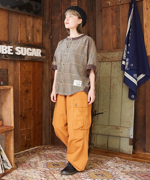 CUBE SUGAR（キューブシュガー）の「空紡糸先染めチェック柄リブ付バルーンシャツ（シャツ/ブラウス・レディース・グレー/マスタード/ピンク/グリーン/マルチ・M）」の14枚目の写真