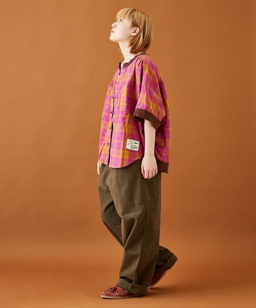 CUBE SUGAR（キューブシュガー）の「空紡糸先染めチェック柄リブ付バルーンシャツ（シャツ/ブラウス・レディース・グレー/マスタード/ピンク/グリーン/マルチ・M）」の6枚目の写真
