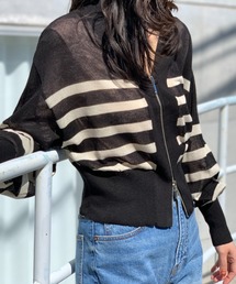 Vネック ダブルZIP シアー ボーダーニットカーディガン