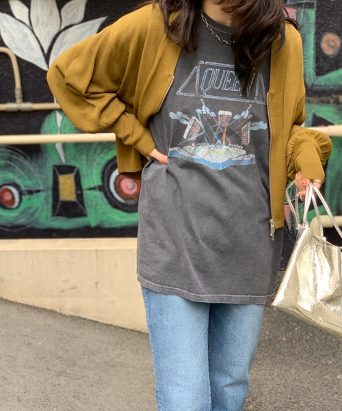 mi via loca(ミヴィアロカ)の「Vネック ダブルZIP シアー ボーダーニットカーディガン(カーディガン/ボレロ・レディース・パープル/イエロー/アイボリー/ホワイト×ブラック/ブラック・FREE)」の5枚目の写真