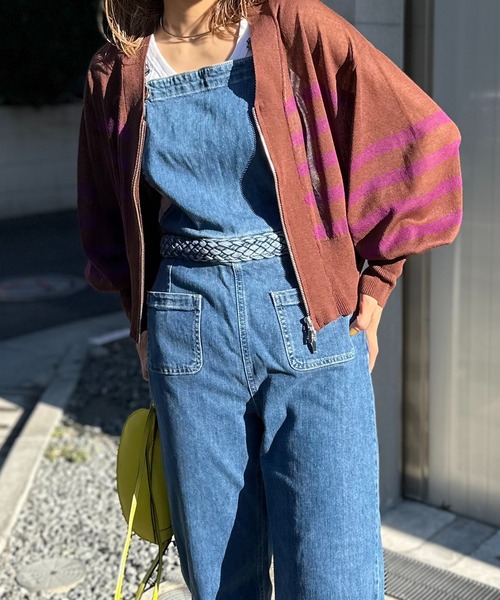 mi via loca(ミヴィアロカ)の「Vネック ダブルZIP シアー ボーダーニットカーディガン(カーディガン/ボレロ・レディース・パープル/イエロー/アイボリー/ホワイト×ブラック/ブラック・FREE)」の6枚目の写真