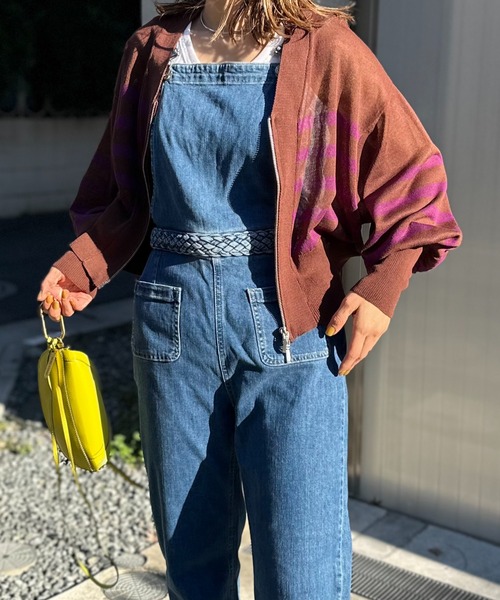 mi via loca(ミヴィアロカ)の「Vネック ダブルZIP シアー ボーダーニットカーディガン(カーディガン/ボレロ・レディース・パープル/イエロー/アイボリー/ホワイト×ブラック/ブラック・FREE)」の7枚目の写真