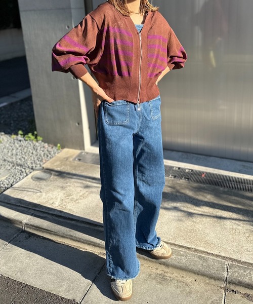 mi via loca(ミヴィアロカ)の「Vネック ダブルZIP シアー ボーダーニットカーディガン(カーディガン/ボレロ・レディース・パープル/イエロー/アイボリー/ホワイト×ブラック/ブラック・FREE)」の13枚目の写真