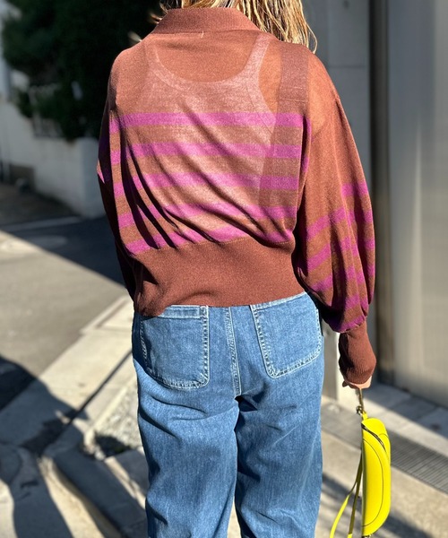 mi via loca(ミヴィアロカ)の「Vネック ダブルZIP シアー ボーダーニットカーディガン(カーディガン/ボレロ・レディース・パープル/イエロー/アイボリー/ホワイト×ブラック/ブラック・FREE)」の10枚目の写真