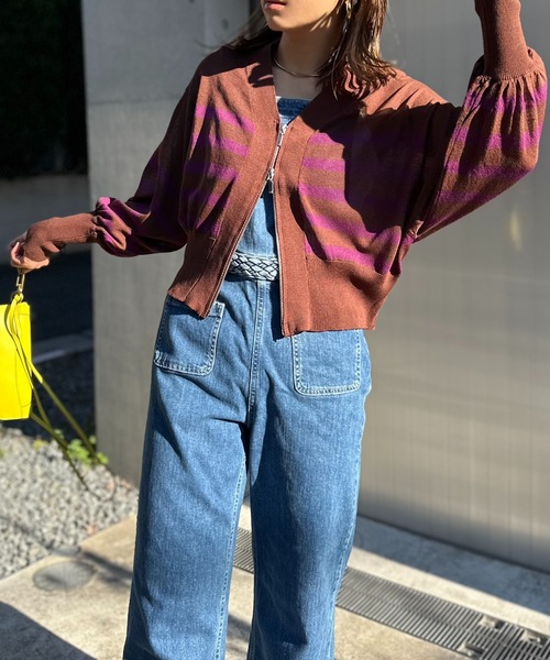 mi via loca(ミヴィアロカ)の「Vネック ダブルZIP シアー ボーダーニットカーディガン(カーディガン/ボレロ・レディース・パープル/イエロー/アイボリー/ホワイト×ブラック/ブラック・FREE)」の15枚目の写真